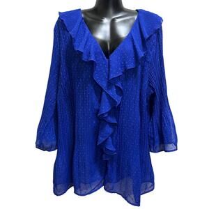 Women's Whimsygoth Royal Blue Flowy Blouse Sheer L Button Front Flounce Chiffon